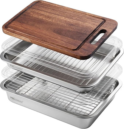 Grilling Prep and Serve Trays with Spill-Reducing Lids, 304 Stainless Steel BBQ Grill Carry System with Drain Board & Acacia Cutting Board