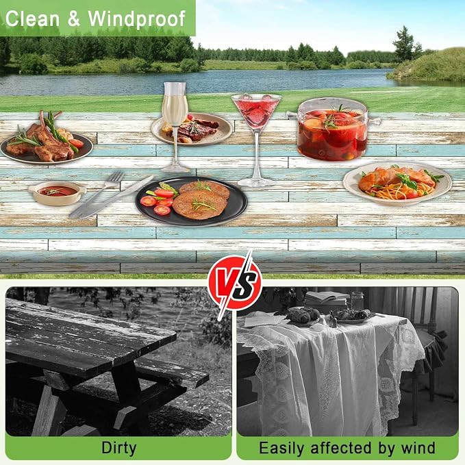 JAWO Teal Rustic Wooden Picnic Table Cover with Bench Covers, Modern Camping RV Essentials Gear Supplies Outdoor Waterproof Windproof Tablecloth with Elastic, 30X96in