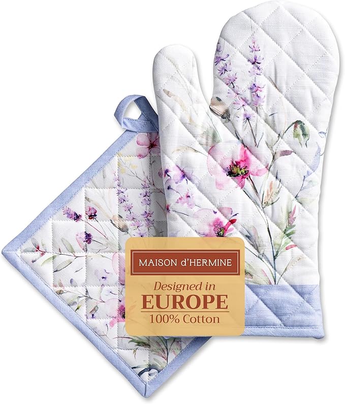 Maison d' Hermine 100% Cotton Oven Mitt & Pot Holder Set (7.5"x13" & 8"x8") Heat Resistant BBQ Cooking Gloves with Loop Baking Grilling Kitchen Hotel Home Farmhouse Spring Summer (Summer Floral)