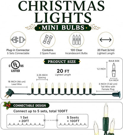 Warm White Christmas Lights, 2 Pack Total 40FT 200 Count Incandescent Christmas Mini Tree String Lights, Waterproof Christmas Decorations for Outdoor Indoor Xmas Patio Home Party Garden Yard Decor