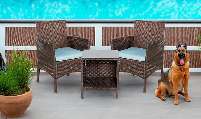Outdoor Wicker Patio Conversation 3 Piece Bistro Set Garden Yard Porch Furniture Space Saving Rattan Two Chairs Cushions Side Storage Tempered Glass Table Brown 3pc Set