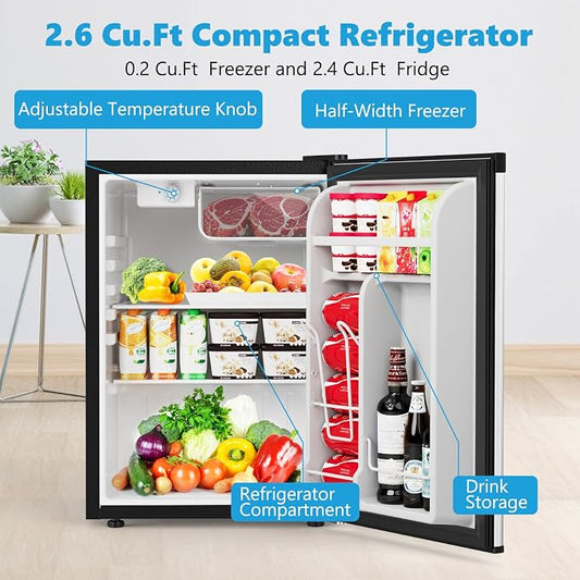 COWSAR 2.6 Cu.Ft Dorm Fridge with Freezer, Single Reversible Door Compact Refrigerator, Adjustable Thermostat, 2 Removable Shelves, Commercial Drink Fridge for Bedroom, Office, Kitchen, Dorm, Silver