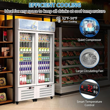 11.3 Cu.Ft Commercial Display Refrigerator, Glass Door Beverage Cooler with Adjustable Shelves, LED Lighting & Advertising Panel, Mobile Design, White