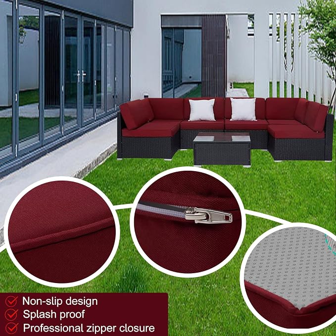 14 Piece Outdoor Patio Cushion Cover Replacement, Waterproof Patio Cushion Covers, Outdoor Furniture Cushion Covers Set for 6 Seat Wicker Rattan Sofa (Wind Red)