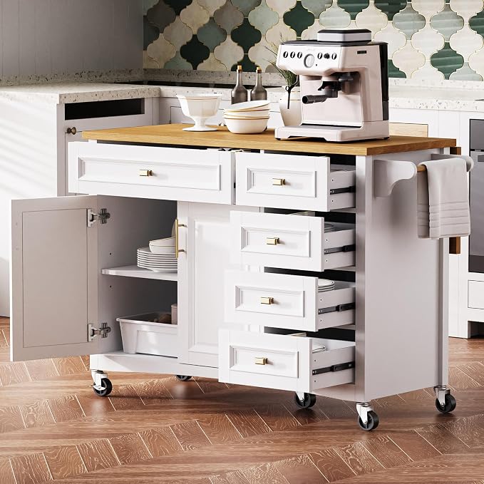 Ball & Cast Kitchen Island with Drop Leaf,Embossed Texture Kitchen Island On Wheels with Spice & Towel Rack,2 Doors and 5 Drawers,Kitchen Storage Cart W/Adjustable Shelf for Kitchen,White,52"