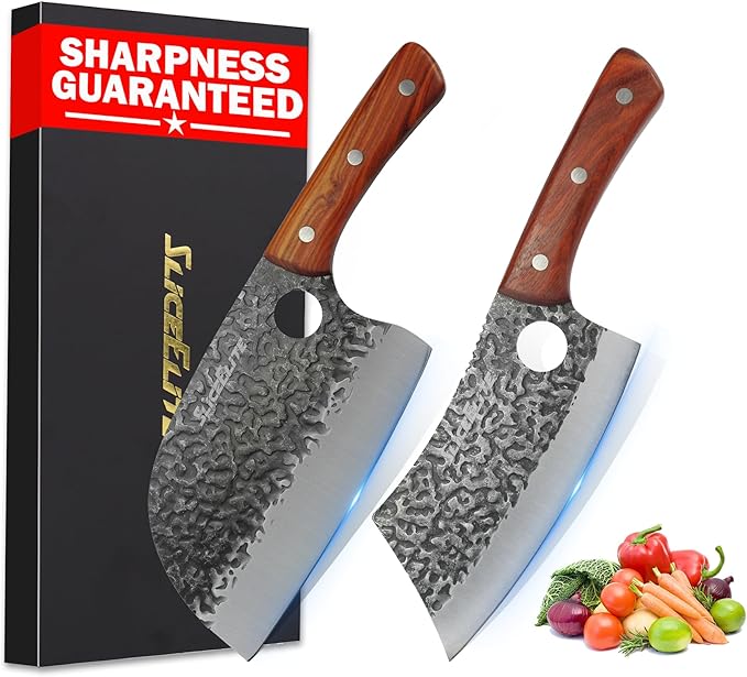 SliceElite 2PCS Hand-Forged Chef Knife Set | Serbian & Cleaver Knives for Meat & Veg Cutting | Professional Kitchen Knife with Gift Box for BBQ Cooking
