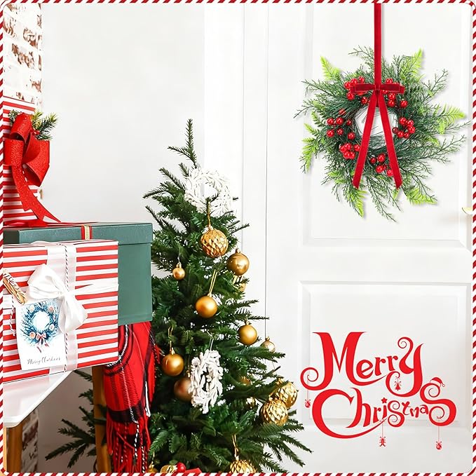 Suncalla 6 Pcs 11 Inch Mini Christmas Cabinet Wreath for Kitchen Christmas Berry Hanging Cabinet Wreath Decor with Red Bow Artificial Pine Candle Ring for Xmas Door Fireplaces Table Centerpiece