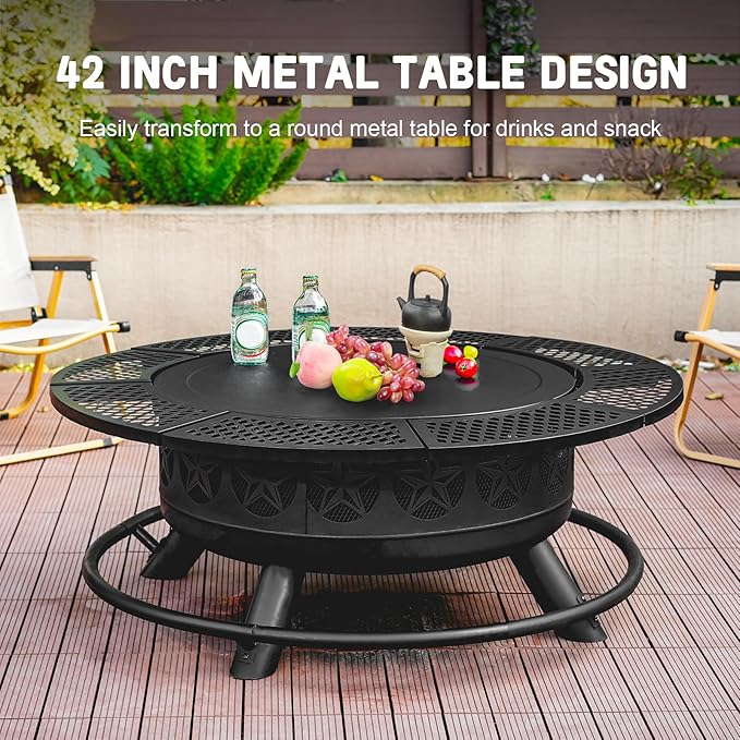 Verdeluxe 42 Inch BBQ Fire Pit with 2 Grills,3-in-1 Outdoor Round Metal Fire Pit Table with Lid,Fire Poker,Large Outdoor Wood Burning Firepits for Outside,Picnic,Bonfire Backyard Patio(Black)