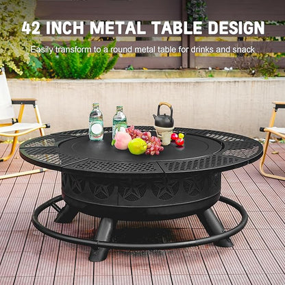 Verdeluxe 42 Inch BBQ Fire Pit with 2 Grills,3-in-1 Outdoor Round Metal Fire Pit Table with Lid,Fire Poker,Large Outdoor Wood Burning Firepits for Outside,Picnic,Bonfire Backyard Patio(Black)