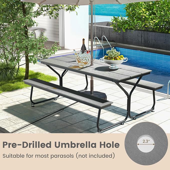 Giantex 6 FT Outdoor Picnic Table Bench Set for 6-8 People, 2400 LBS Capacity Patio Dining Table & 2 Benches with Metal Frame & HDPE, Balcony Conversation Set for Poolside Deck Garden (Gray)