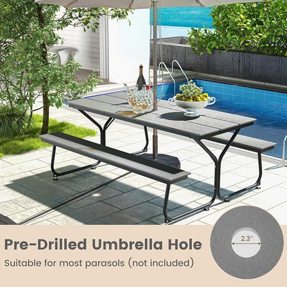 Giantex 6 FT Outdoor Picnic Table Bench Set for 6-8 People, 2400 LBS Capacity Patio Dining Table & 2 Benches with Metal Frame & HDPE, Balcony Conversation Set for Poolside Deck Garden (Gray)