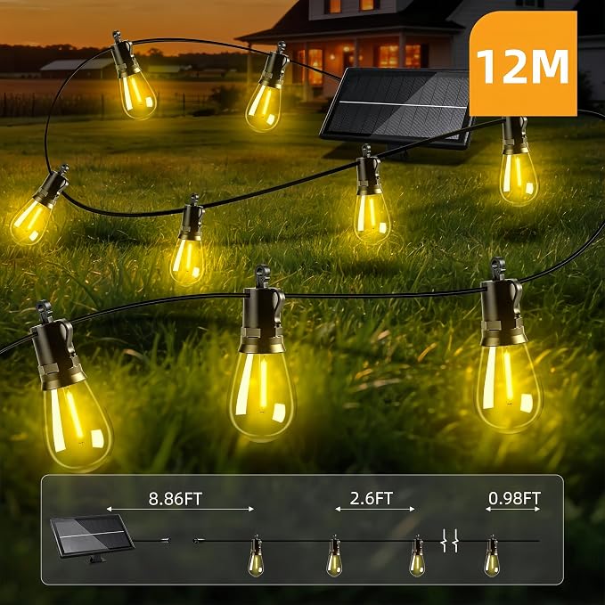 Solar Lights Outdoor, 40FT S14 LED IP65 Waterproof Patio Lights | 13 Shatterproof Edison Bulbs Hanging Light, Solar or USB Charging, 3 Lighting Modes for Backyard Porch Party Decor Warm White
