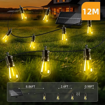 Solar Lights Outdoor, 40FT S14 LED IP65 Waterproof Patio Lights | 13 Shatterproof Edison Bulbs Hanging Light, Solar or USB Charging, 3 Lighting Modes for Backyard Porch Party Decor Warm White