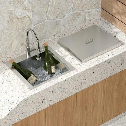 21 Inch Outdoor Kitchen Sink with Faucet - 21x20 Drop In Workstation 16 Gauge Stainless Steel Single Bowl Topmount Outdoor Wet Bar Sink with Stainless Steel Dust-Proof Cover #TLT-0068