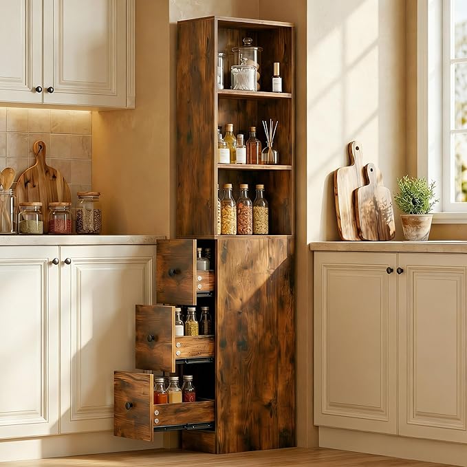 ARTETHYS Storage Cabinet Tall Narrow Bathroom Organizer with 3-Level Adjustable Shelves Slim Free Standing Space Saver for Living Room Kitchen, Rustic