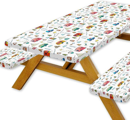 Picnic Table Cover with Bench Covers, Colorful Cartoon Camping Icons Elastic Edges, Waterproof Windproof Fitted Tablecloth, for Outdoor Camping Patio Garden, Includes Drawstring Bag, 96 in