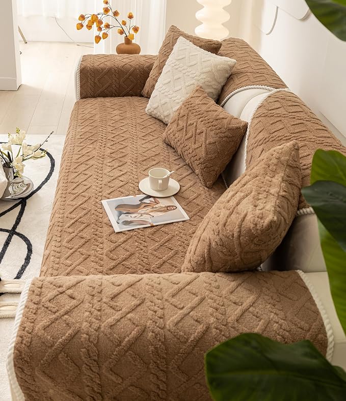 vctops Geometric Jacquard Plush Sofa Couch Covers Farmhouse Neutral Non Slip Sectional Couch Cover Soft Warm Sofa Slipcover for Dogs, Children, Pets Furniture Protector (Coffee,36"x94")