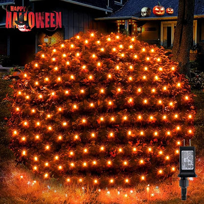 BlcTec Halloween Net Lights 360 LED 9.8ft x 6.6 Orange Halloween Lights with 8 Modes, Timer, Connectable, Waterproof & Dark Green Wire Design for Lawn, Porch, Shrub, Bushes Outdoor Holiday Decorations