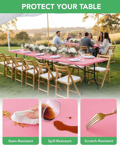 Fitted Tablecloth Rectangle Table Cloths with Elastic, 8 ft, Pink, 6 Pack | For Outdoor Picnic Camping Party 8 foot Folding Spandex Table Covers, Water-Resistant, Windproof, Reusable, 96"L x 30"W