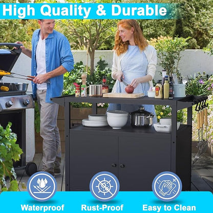 Outdoor Grill Table with Storage, Movable Grill Cart, Outdoor Kitchen Island Prep Stand Station,Blackstone Griddle Stand, BBQ Serving Cart Rolling Bar Cart with 4 Utensil Hooks 1