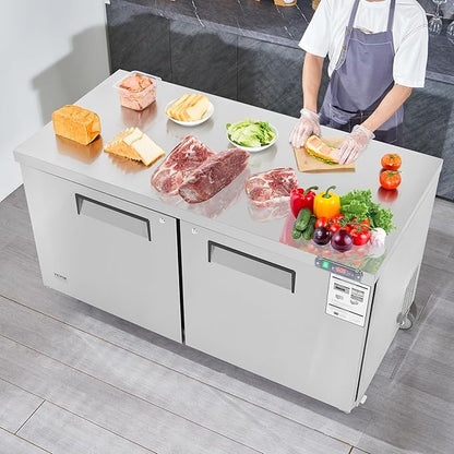 VEVOR 60" Commercial Refrigerator Sandwich & Salad Prep Table, 16.4 Cu. Ft Stainless Steel Refrigerated Food Prep Station with 2 Doors, Frost Free Refrigerator with Lock for Restaurant, Bar, Store
