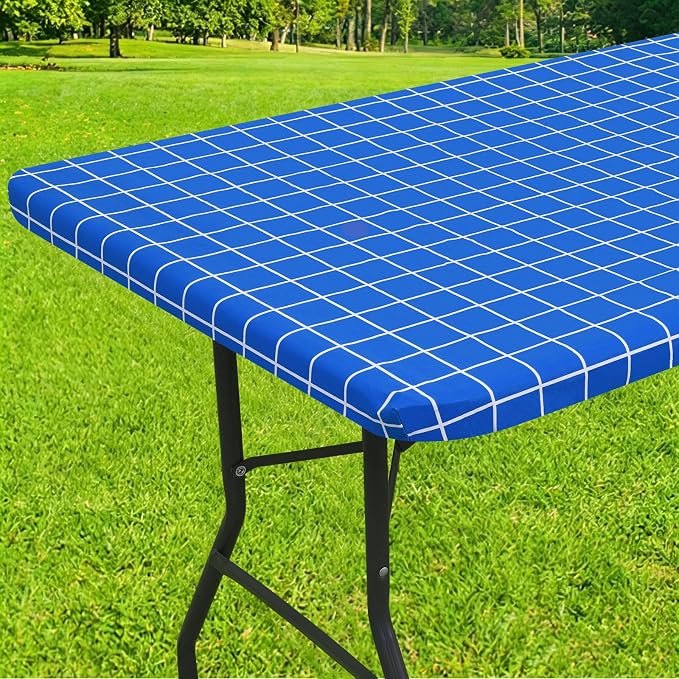 Smiry Rectangle Picnic Table Cloth, Elastic Waterproof Fitted Vinyl Tablecloths, Flannel Backed Buffalo Plaid Table Covers for Dining, Camping, Outdoor (Blue, 30" x 72")