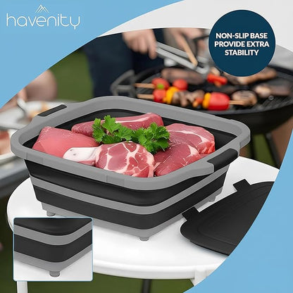 BBQ Prep Tub 16L - Multifunctional Collapsible Camping Cutting Board with Upgraded Locking lid, Meat Storage Container for Meal Prep, Dish Basin Bowl Perfect for Grilling, Outdoor Cooking XL