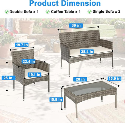 FDW Outdoor Patio Furniture Set Wicker Patio Set PE Rattan Furniture Bistro Set for Outdoor Indoor Use with Loveseats Coffee Table, Khaki Cushions, 4 Pieces