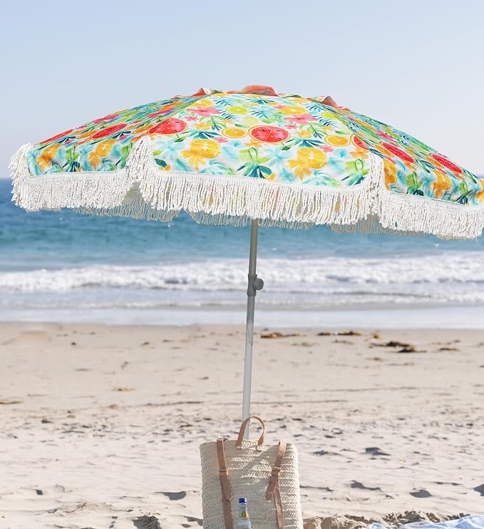 AMMSUN 6.5ft Heavy Duty Fringe Beach Umbrella with Sand Anchor and Tilt | UPF 50+ Windproof & Water-Resistant Canopy, Push-Button Tilt & Height Adjusting Knob for All-Day Shade, Removable Sand Anchor