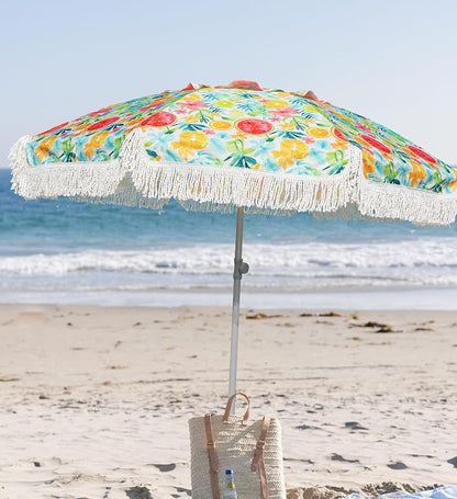 AMMSUN 6.5ft Heavy Duty Fringe Beach Umbrella with Sand Anchor and Tilt | UPF 50+ Windproof & Water-Resistant Canopy, Push-Button Tilt & Height Adjusting Knob for All-Day Shade, Removable Sand Anchor