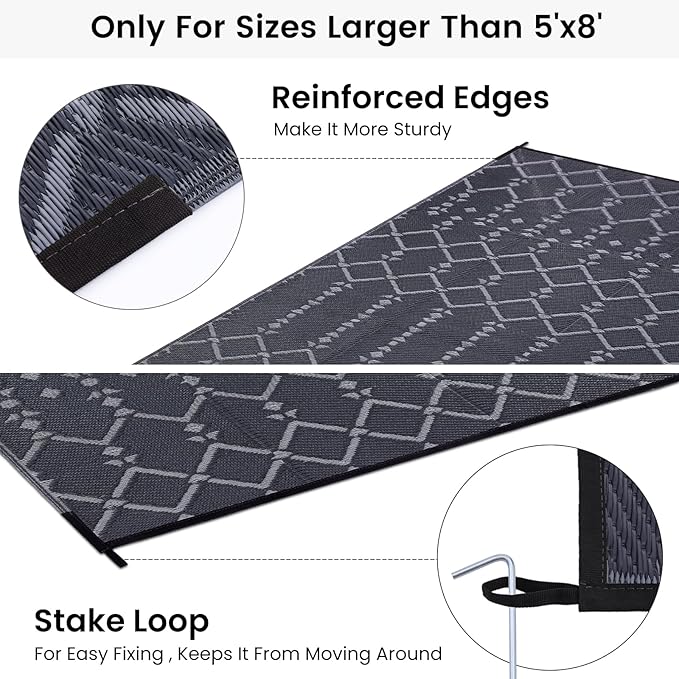 Smiry Outdoor Rug 9x12 ft Waterproof Reversible Boho Mat, Dark Grey | Polypropylene Plastic Straw, Quick Drying, Lightweight Foldable, for Patio, Deck, RV Camping, Backyard and Indoor Outdoor Use