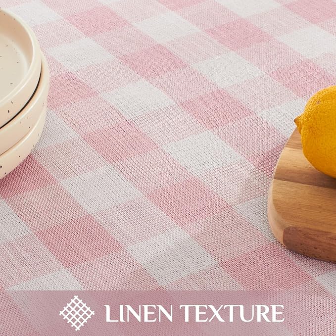 Softalker Pink Gingham Tablecloth Rectangle, Outdoor Linen Cotton Checkered Table Cloth with Tassel, Heavy Duty Wrinkle Free Buffalo Plaid Table Cover for Kitchen Dining Home Party - 55 x 70 Inch