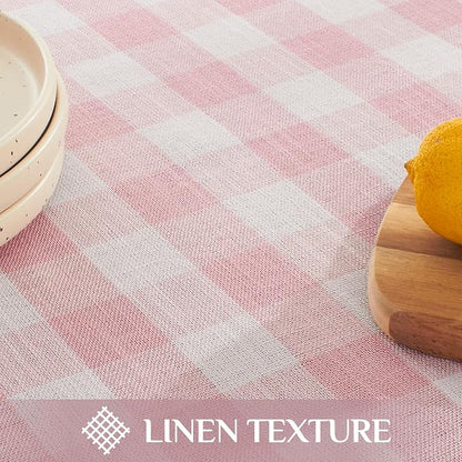 Softalker Pink Gingham Tablecloth Rectangle, Outdoor Linen Cotton Checkered Table Cloth with Tassel, Heavy Duty Wrinkle Free Buffalo Plaid Table Cover for Kitchen Dining Home Party - 55 x 70 Inch