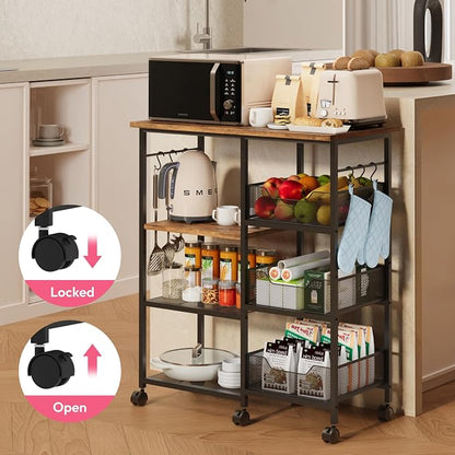 SWTYMIKI Microwave Cart with Storage - 28.35x14.57in Rolling Kitchen Table Cart with Storage Shelves, 6 Removable Hooks& Locking Casters, Coffee Bar Cabinet for Dining Room Pantry Office, Espresso