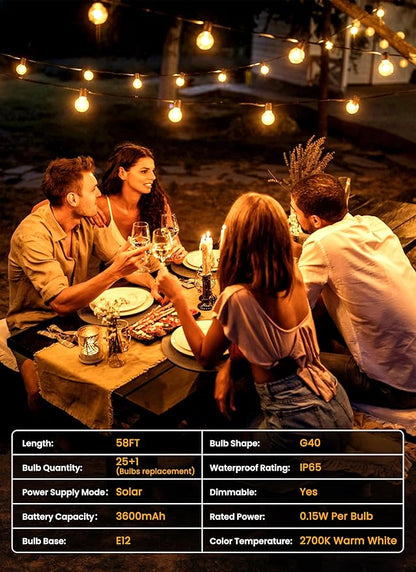 Brightown 58FT 26LED Solar String Lights Outdoor with USB Port, Shatterproof Bulbs, 3 Lighting Modes, Patio Lights Solar Powered for Camping Backyard Garden Decor - Last for 20+Hrs