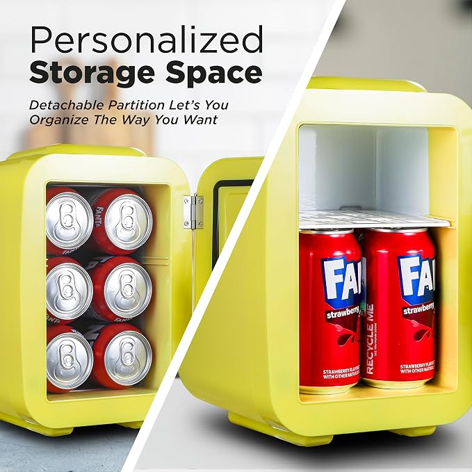 IceBox 4-Liter Mini Fridge Cooler/Warmer, IBMF4SUN, Sun Yellow | Portable Refrigerator Holds 6 Cans, Compact for Skincare, Beverages and Food, Includes 120V AC and 12V Car Adapters