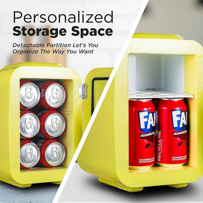 IceBox 4-Liter Mini Fridge Cooler/Warmer, IBMF4SUN, Sun Yellow | Portable Refrigerator Holds 6 Cans, Compact for Skincare, Beverages and Food, Includes 120V AC and 12V Car Adapters