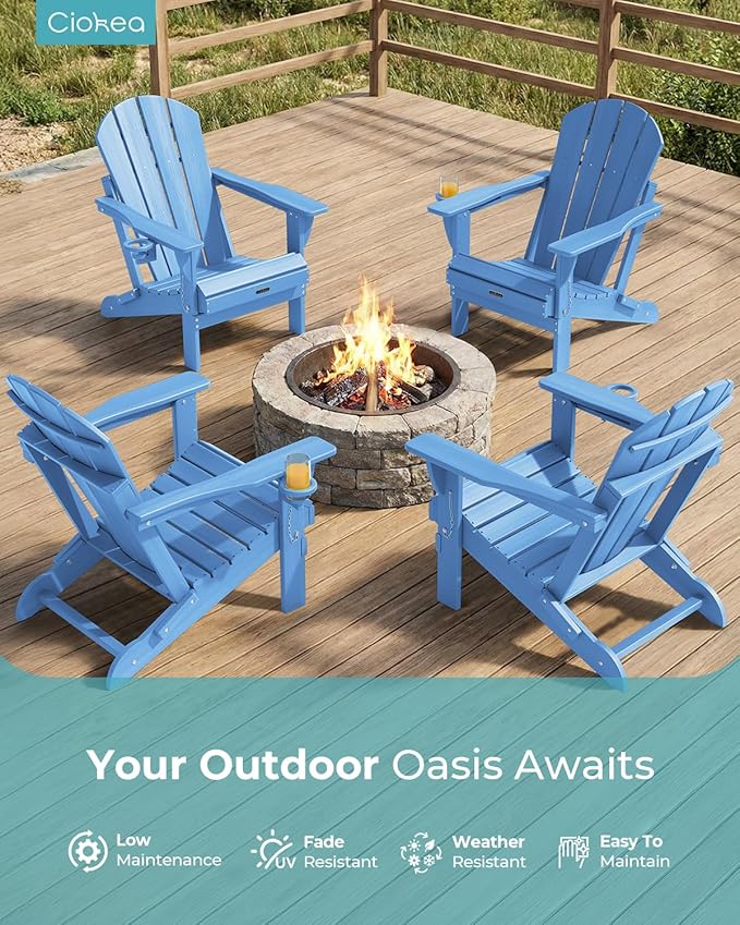 Ciokea Folding Adirondack Chairs Set of 4, Patio Adirondack Chair Weather Resistant, Plastic Fire Pit Chair with Cup Holder, Lawn Chair for Outdoor Porch Garden Backyard Deck, Baby Blue