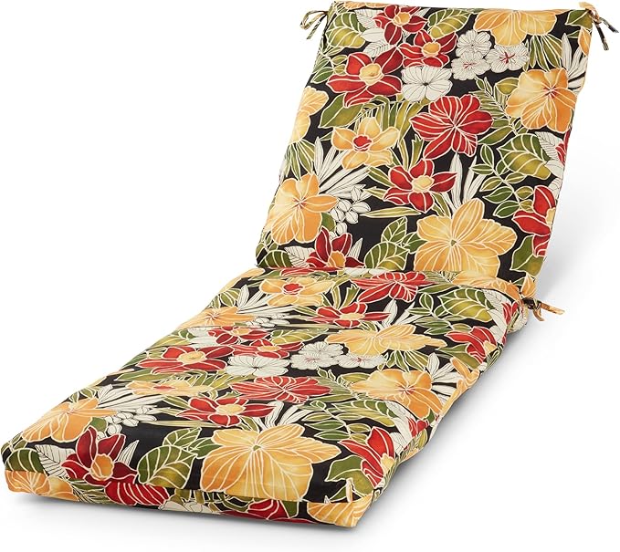 Modern Outdoor Chaise Lounge Cushion with Ties – Durable Polyester Fabric, Channel-Filled Polyfiber Insert, Removable Zippered Cover, Aloha Black Floral