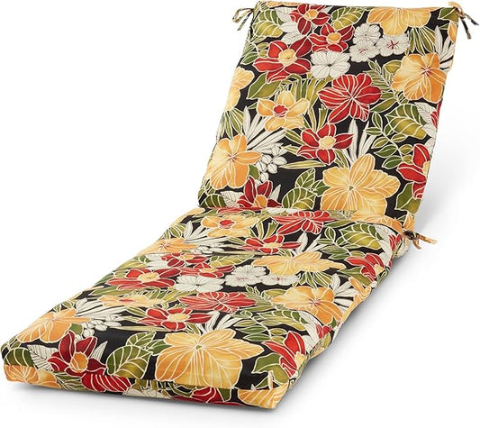 Modern Outdoor Chaise Lounge Cushion with Ties – Durable Polyester Fabric, Channel-Filled Polyfiber Insert, Removable Zippered Cover, Aloha Black Floral