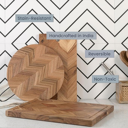 The Fine Living Co. Large Cutting Board, Acacia Wood Meat Chopping Board, Butcher Block with Juice Groove, Chevron Chequered Style, 1" Thick & Food-grade Serving Board, 16"x12"