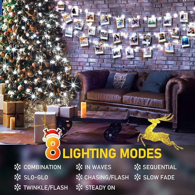 KNONEW Christmas String Lights Indoor Plug in,60FT 180LED Outdoor Waterproof Fairy Lights,8 Lighting Modes,Timer Memory Function for Bedroom Patio Balcony Party (Cool White)