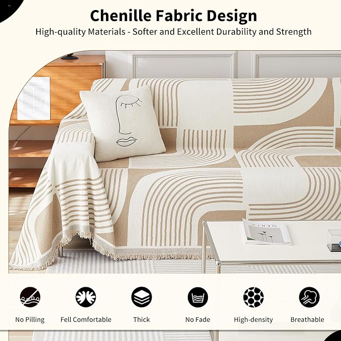 WEYOND Boho Couch Cover, Chenille Sofa Covers Washable, 91" x 118", Khaki | Couch Covers for 3 Cushion Couch Sofa Pet Friendly, Bohemian Sofa Slipcovers for Sectional Sofa, Loveseat, 2 3 4 Seater