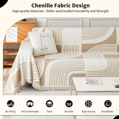 WEYOND Boho Couch Cover, Chenille Sofa Covers Washable, 91" x 150", Khaki | Couch Covers for 3 Cushion Couch Sofa Pet Friendly, Bohemian Sofa Slipcovers for Sectional Sofa, Loveseat, 2 3 4 Seater