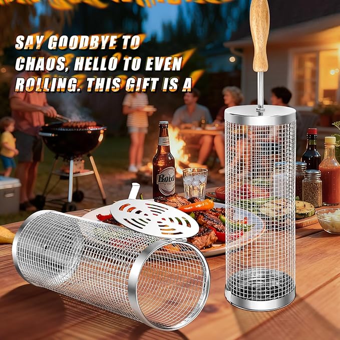 Rolling BBQ Basket for Outdoor Grill: Barbecue Smoker Grilling Baskets for Vegetable, Unique Birthday Christmas Gifts for Men Dad Husband 2pcs