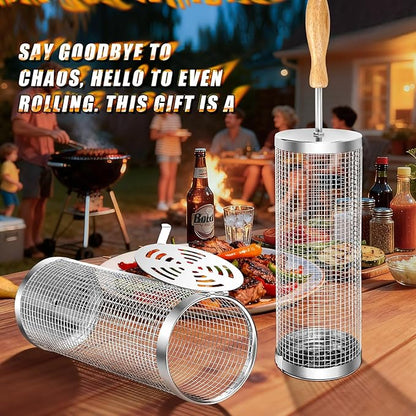 Rolling BBQ Basket for Outdoor Grill: Barbecue Smoker Grilling Baskets for Vegetable, Unique Birthday Christmas Gifts for Men Dad Husband 2pcs