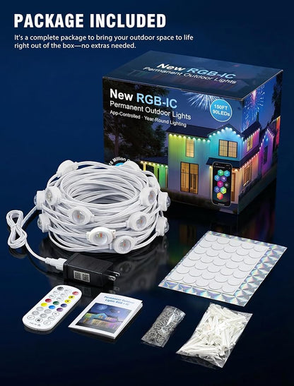 Permanent Outdoor Lights for House,150FT RGB+IC Smart Lights | 90 LEDs,App/Remote Control,IP67 Waterproof,DIY Color-Changing String Lights For Eaves,Xmas,Halloween And Party Decor