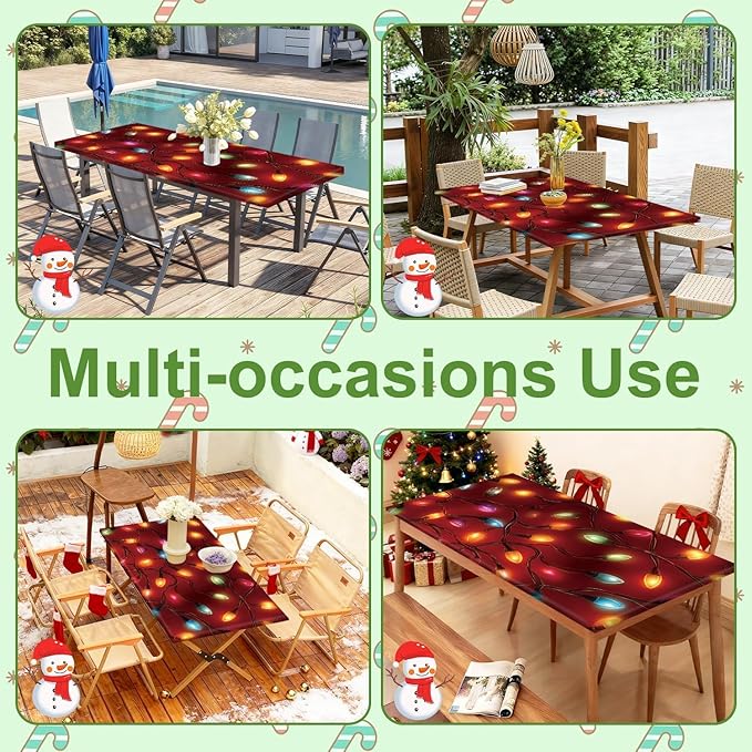 Christmas Picnic Table Cover with Bench Cover, Outdoor Picnic Table Elastic Tablecloth, Red Holiday Light Design, Camping, Barbecue and Christmas Parties