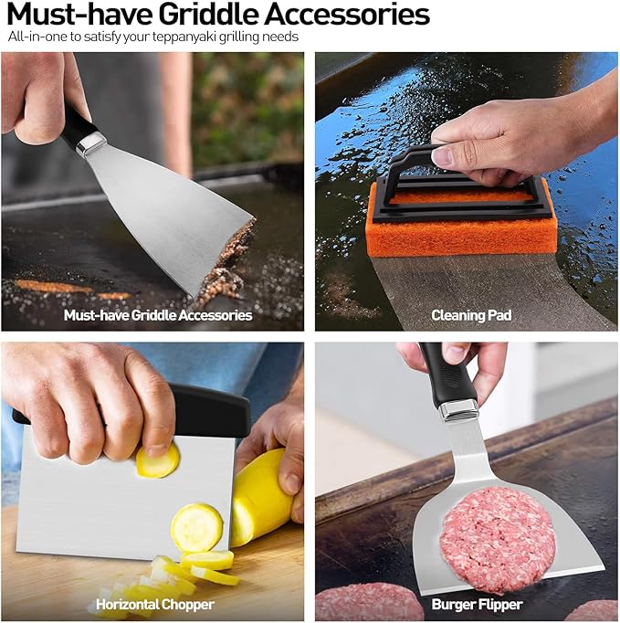 APSARAS USA 27pcs Griddle Accessories Kit for Blackstone, Grilling Accessories,Hibachi Enlarged Spatula Gift Set with Basting Cover,Flat Top Grill Accessories, Burger Press Patty Maker,Storage Bag