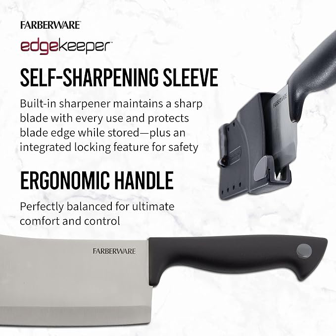 Farberware Edgekeeper 6-Inch Cleaver Knife with Self-Sharpening Blade Cover, High Carbon-Stainless Steel Kitchen Knife with Ergonomic Handle, Razor-Sharp Knife, Black